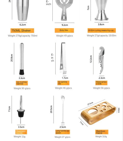 Stainless Steel Cocktail Shaker Tool Kit 10-Piece Complete Mixology Essentials Rose Gold Silver Black for Home Bar Entertaining Party Barten
