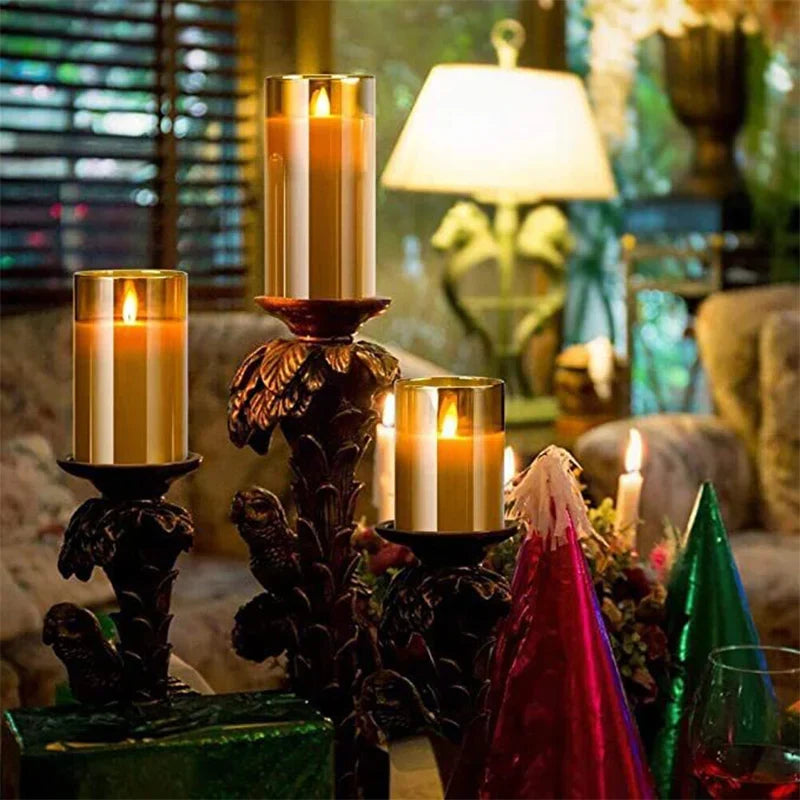 Battery-Operated LED Pillar Candles with Remote Control Timer Set of 3 Realistic Flickering Light Amber Smoke Clear Glass for Dining Room Be