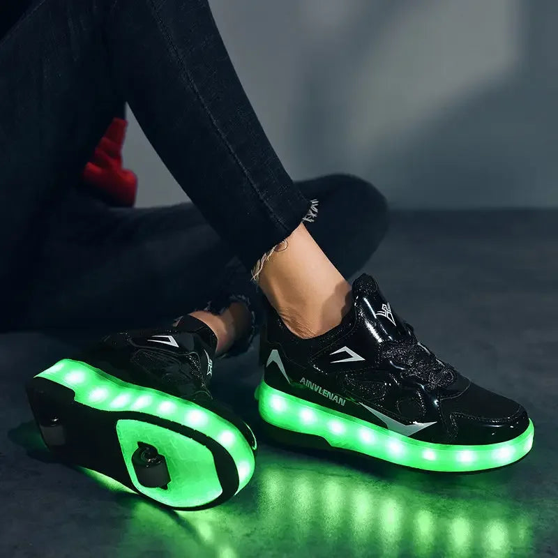 Kids Light-Up Skate Sneakers with Wheels Pink LED Roller Shoes Velcro Strap Boys Girls Youth Rechargeable Glowing Athletic Footwear