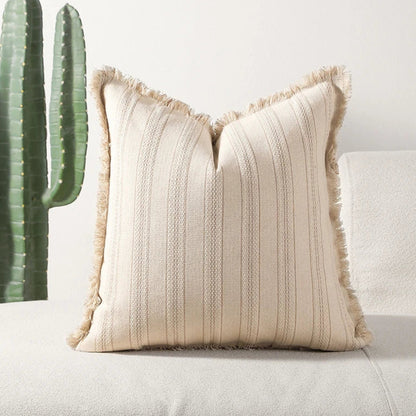 Sable Stripe Cushion Cover - Textured Cotton-Polyester Blend, Decorative Fringe