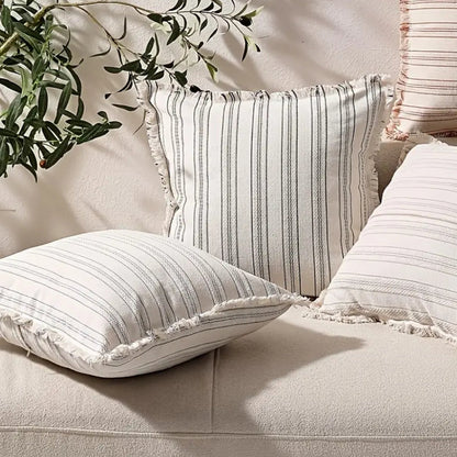 Sable Stripe Cushion Cover - Textured Cotton-Polyester Blend, Decorative Fringe