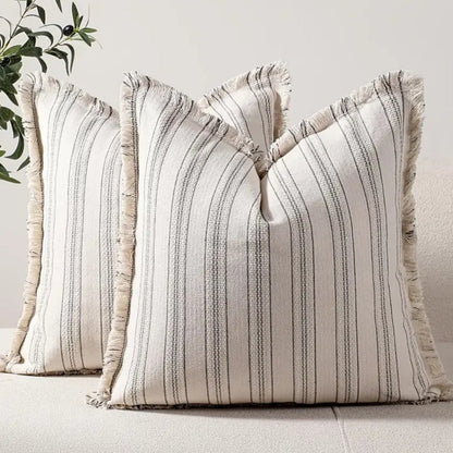 Sable Stripe Cushion Cover - Textured Cotton-Polyester Blend, Decorative Fringe