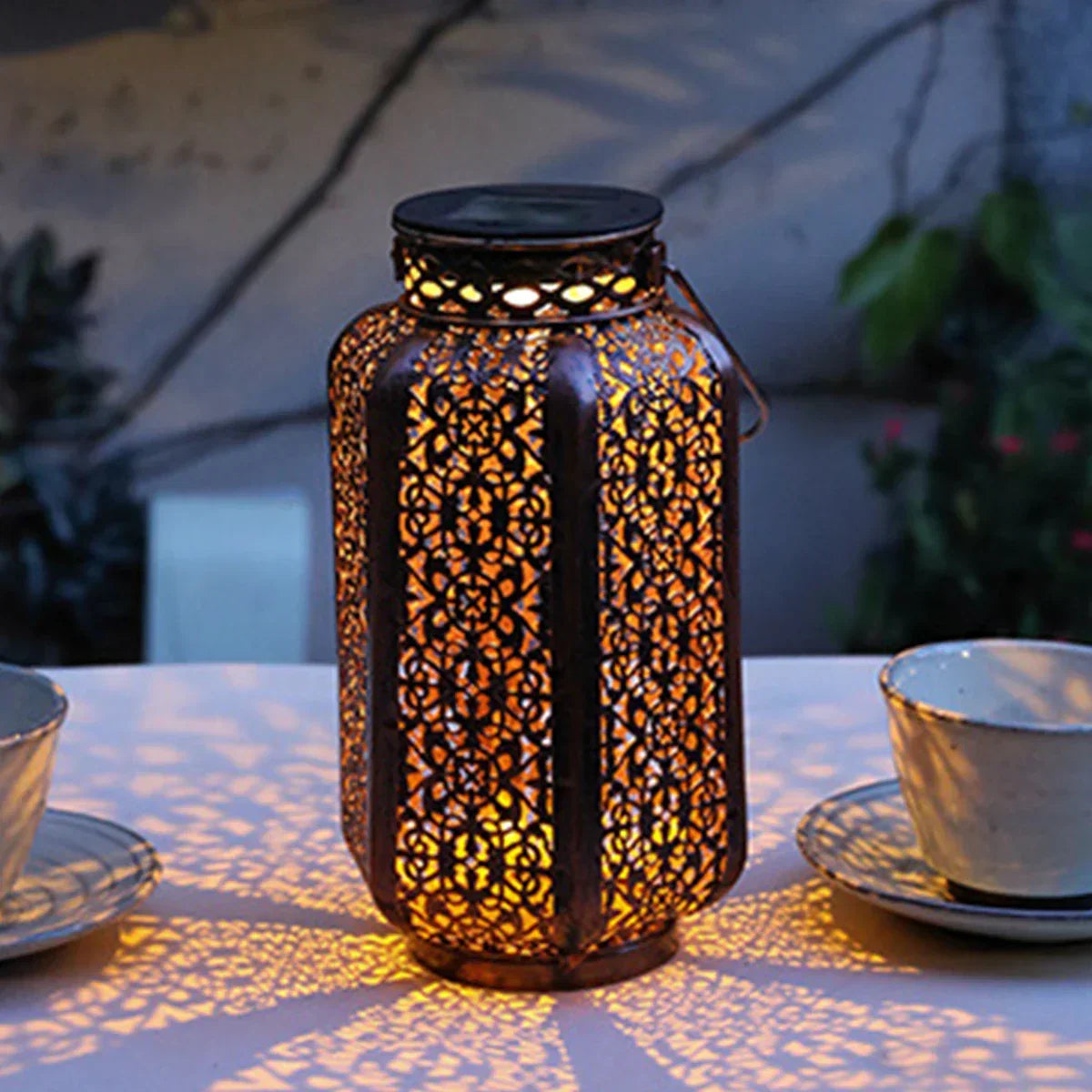 Openwork Metal Solar Lantern 9.3 in Hanging or Tabletop Garden Patio Light Outdoor Decorative Moroccan-Inspired Design for Porch Balcony Pat