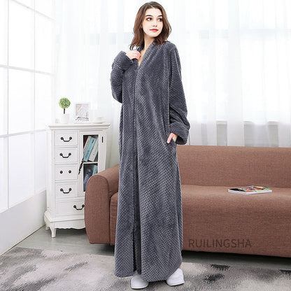 Zippered Fleece Bathrobe for Women & Men Hooded & Non-Hooded Thermal Lounge Robe with Pockets Soft Lightweight Warmth