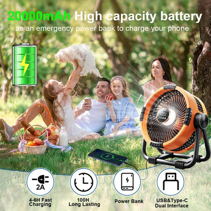 Rechargeable Camping Fan 20000mAh with LED Light & Remote Control for Tent, Outdoors & Emergency