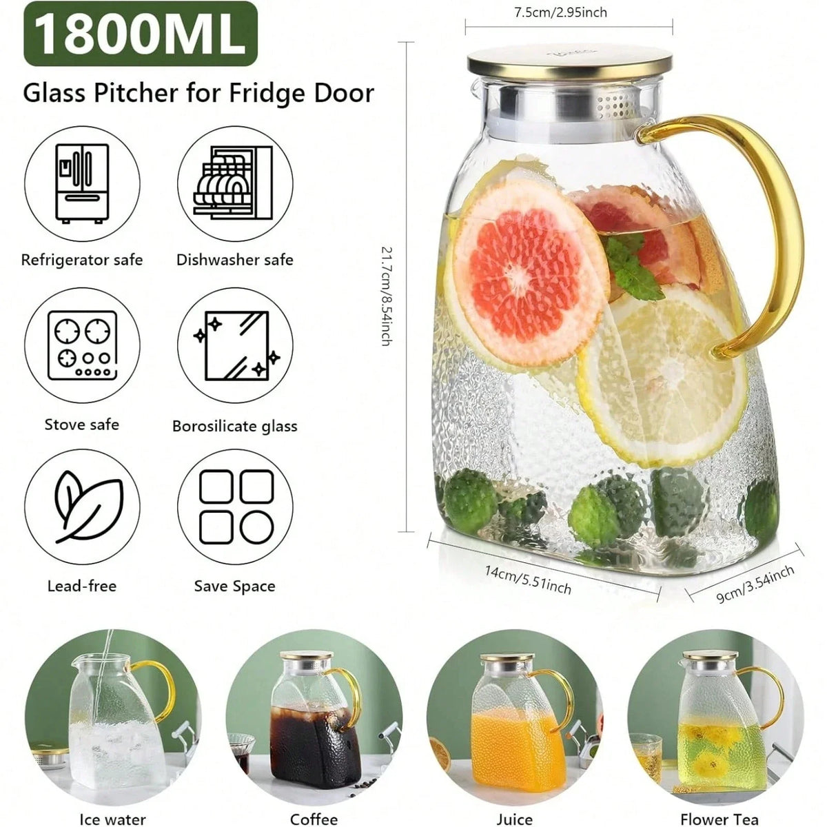Elegant Borosilicate Glass Water Pitcher with Lid & Handle | Ideal for Iced Tea, Juice, and Infused Beverages