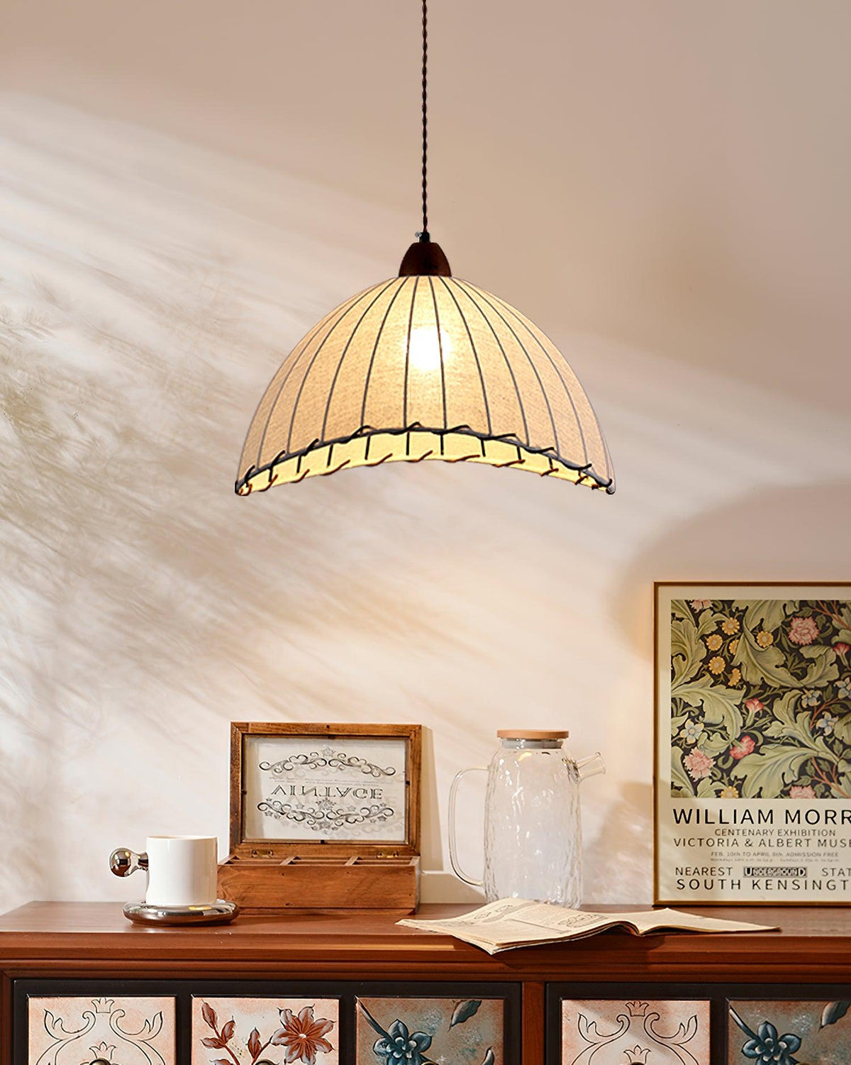 Fabric Dome Ceiling Light White 14 inch Ribbed Scalloped Hanging Fixture for Dining Room Bedroom Adjustable Height Vintage Modern E26 Socket