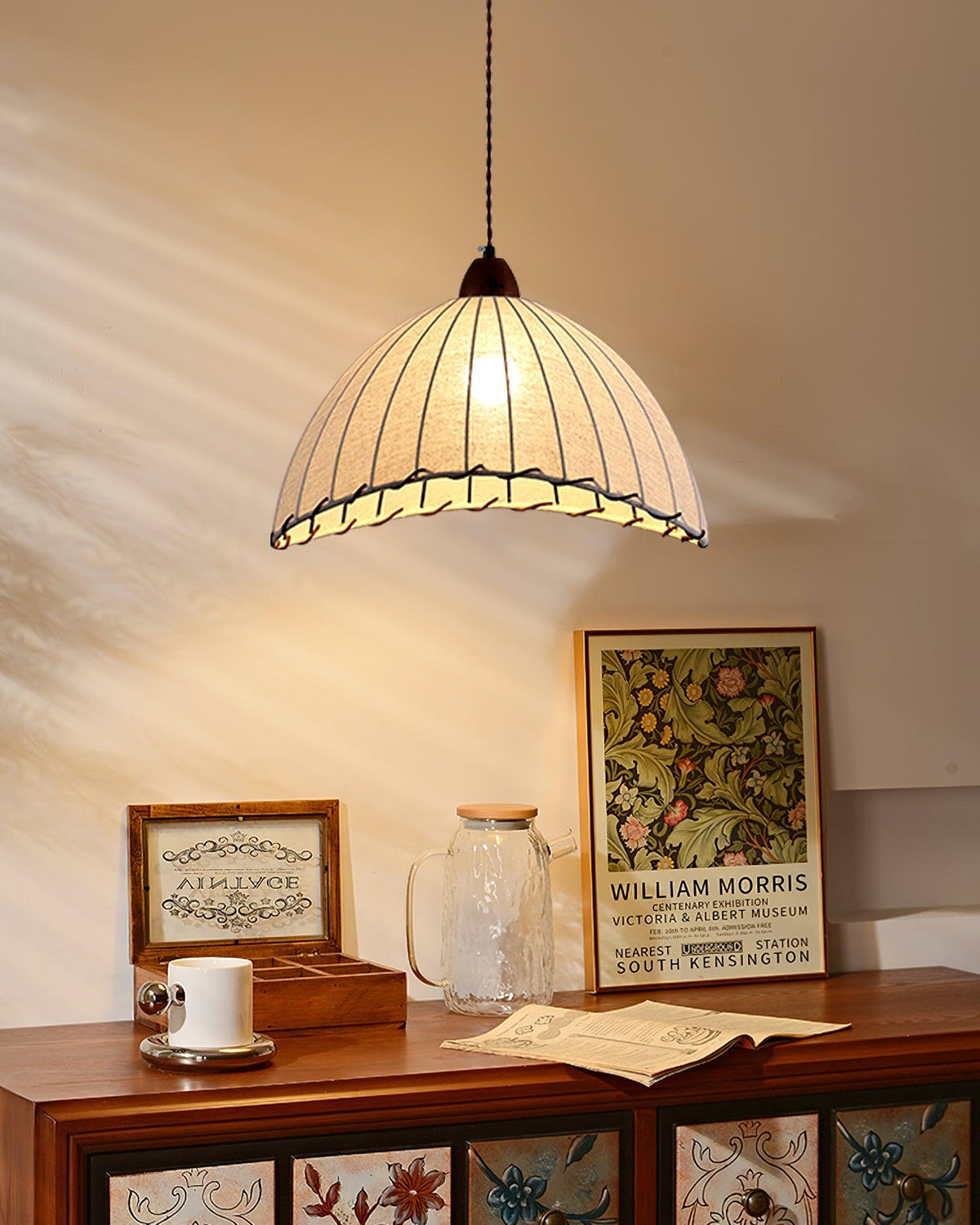 Fabric Dome Ceiling Light White 14 inch Ribbed Scalloped Hanging Fixture for Dining Room Bedroom Adjustable Height Vintage Modern E26 Socket