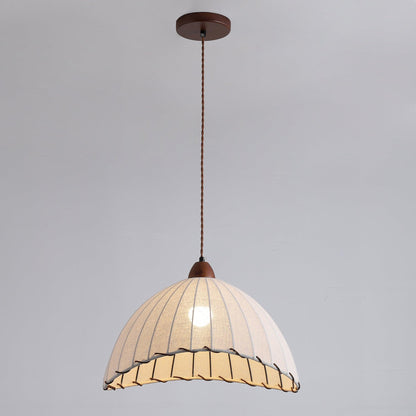 Fabric Dome Ceiling Light White 14 inch Ribbed Scalloped Hanging Fixture for Dining Room Bedroom Adjustable Height Vintage Modern E26 Socket