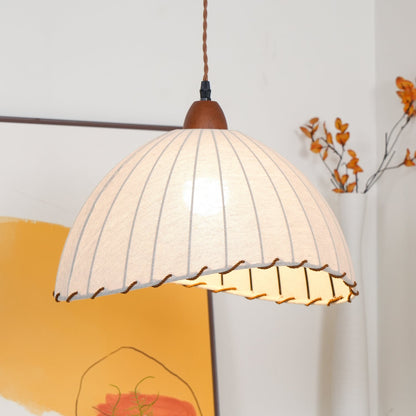 Fabric Dome Ceiling Light White 14 inch Ribbed Scalloped Hanging Fixture for Dining Room Bedroom Adjustable Height Vintage Modern E26 Socket