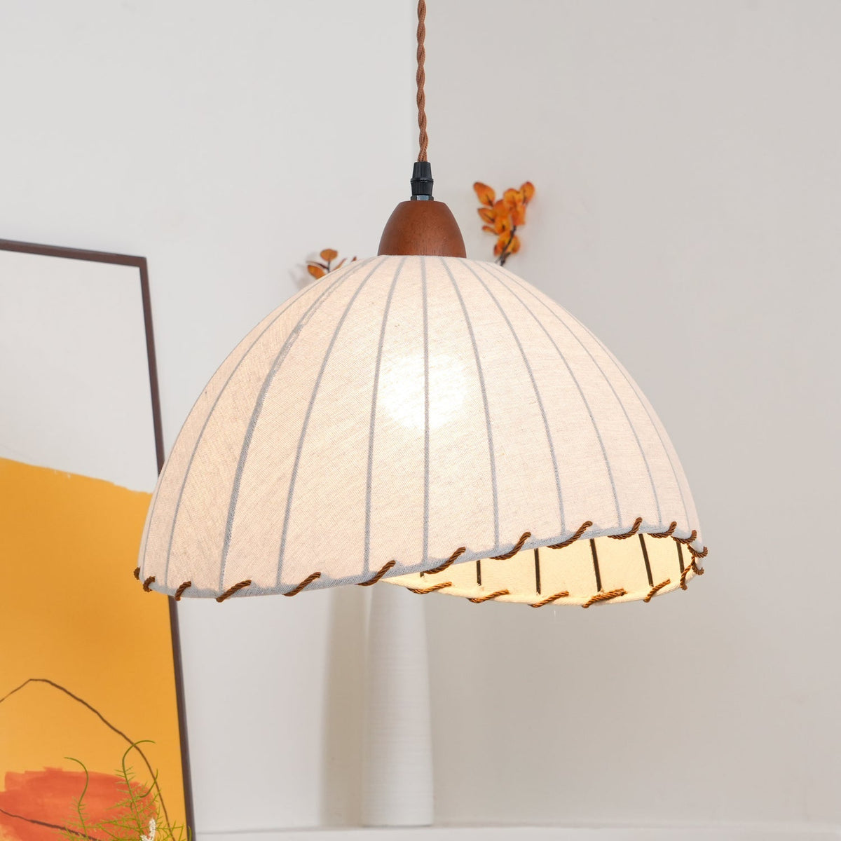 Fabric Dome Ceiling Light White 14 inch Ribbed Scalloped Hanging Fixture for Dining Room Bedroom Adjustable Height Vintage Modern E26 Socket