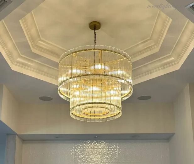 Circular Tiered Glass Panel Ceiling Fixture 22-60 Inch Diameter for Dining Room Foyer Living Room Bedroom Hotel Entryway Statement Lighting