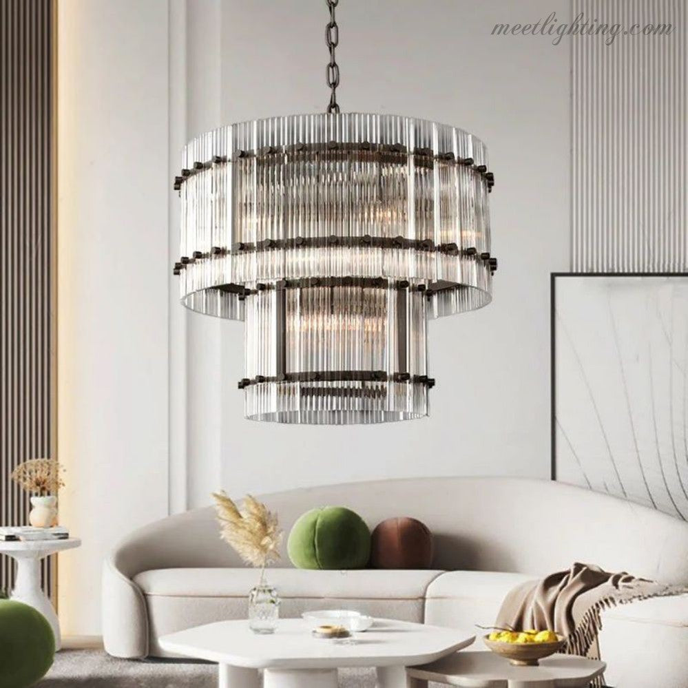 Circular Tiered Glass Panel Ceiling Fixture 22-60 Inch Diameter for Dining Room Foyer Living Room Bedroom Hotel Entryway Statement Lighting