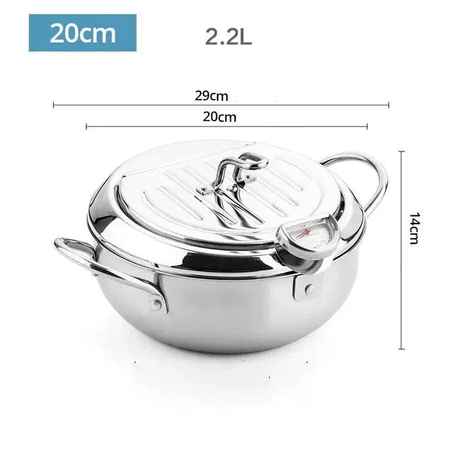 Stainless Steel Tempura Pot with Built-In Thermometer & Oil Strainer Lid 9.4 Inch Silver for Japanese Frying Chicken Karaage Tonkatsu Home K