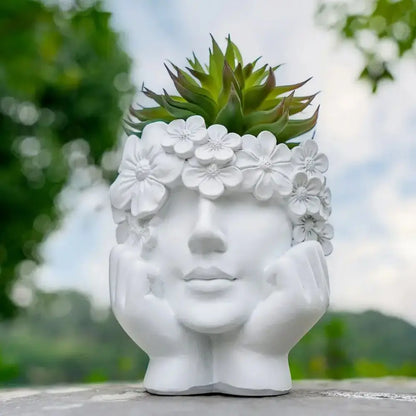 Sculptural Face Planter with Botanical Crown – White Resin Plant Holder for Succulents & Herbs – 6 inch Indoor Outdoor Decorative Container