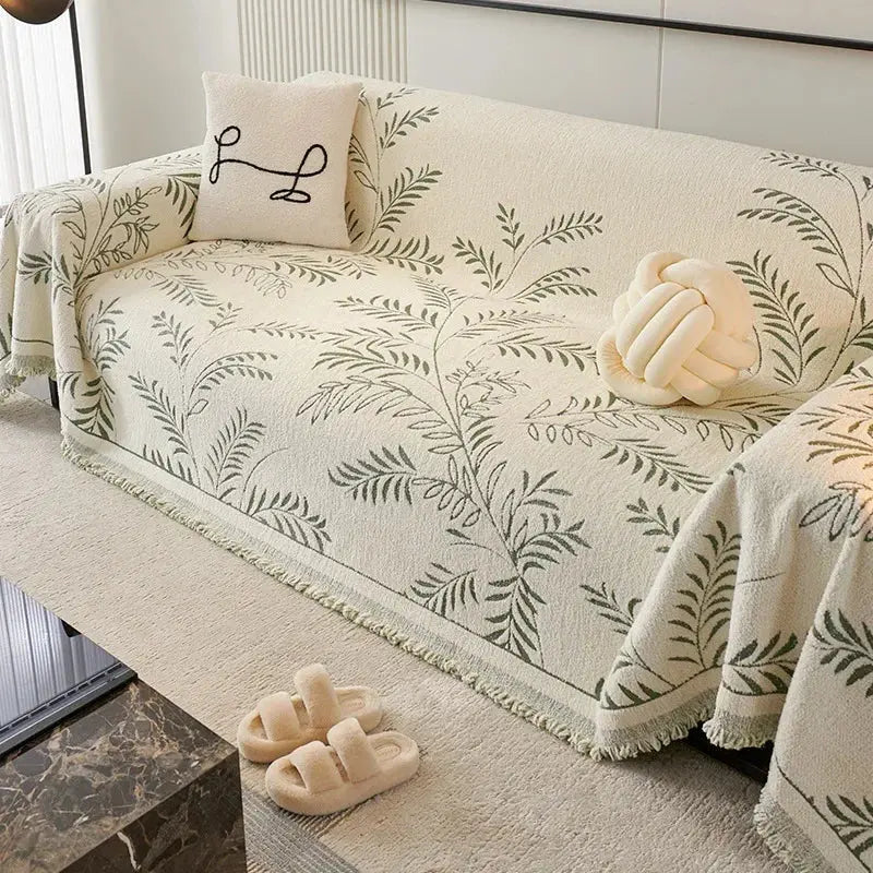 Chenille Jacquard Leaf Sofa Throw Blanket with Non-Slip Backing | Scratch-Resistant Textured Furniture Cover for Couch Protection