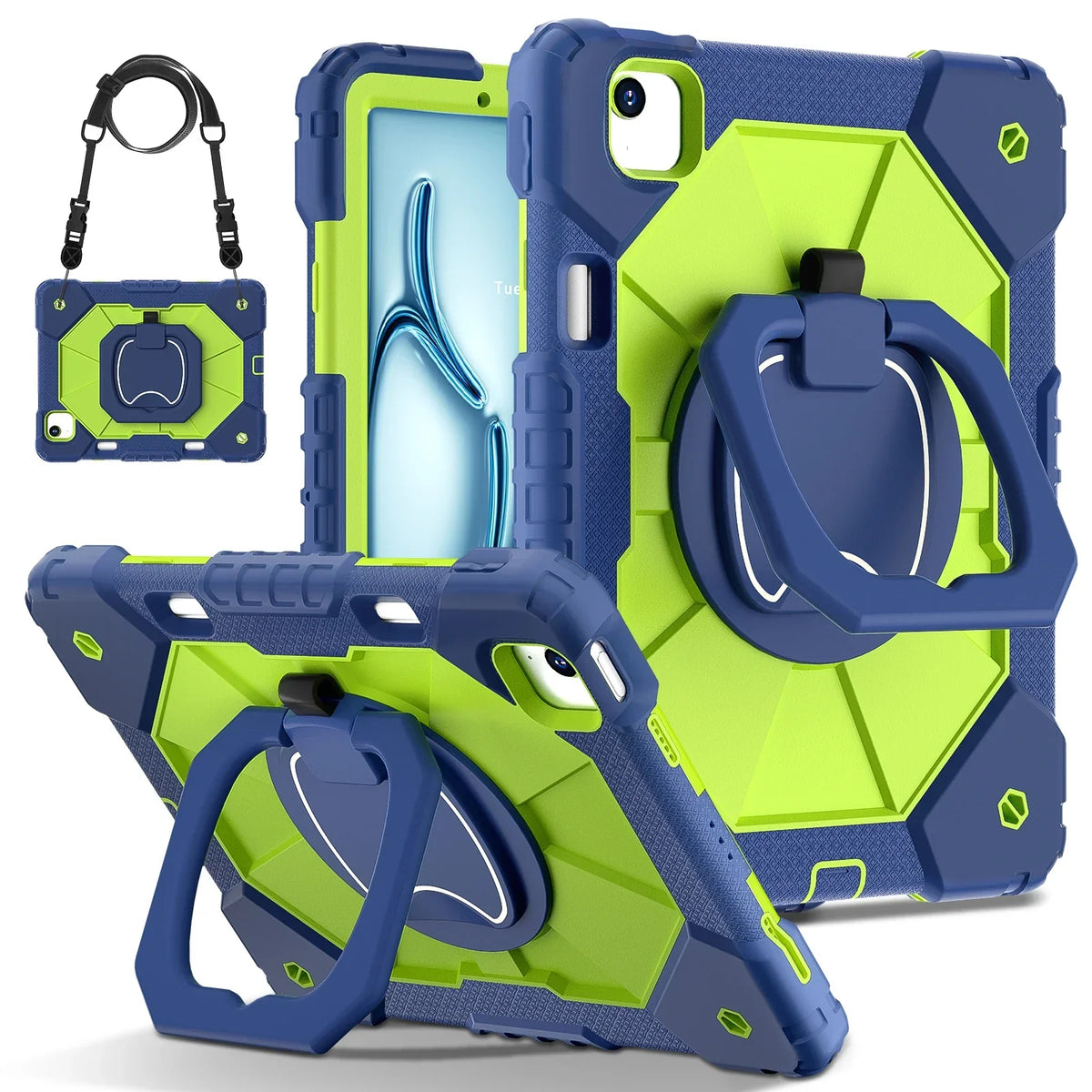 Triple-Layer iPad Protective Case with 360° Rotating Hand Grip, Integrated Kickstand & Shoulder Strap | Tempered Glass Screen Protector