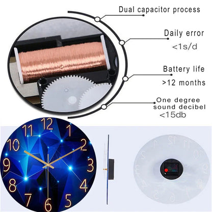 Geometric Quartz Timepiece Navy Blue 12 Inch Round Glass Face Gold Hands Whisper Quiet Analog for Bedroom Office Apartment Contemporary Home