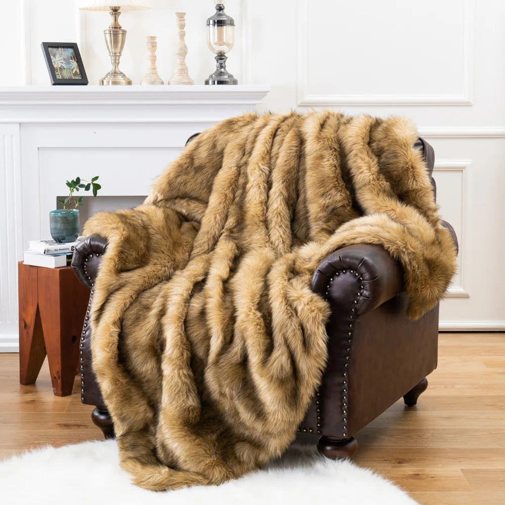 Plush Faux-Fur Accent Blanket 80×60 in Oversized Ultra-Soft Polyester Decorative Cover for Bedroom Sofa Chair Couch Neutral Tan Silver Brind
