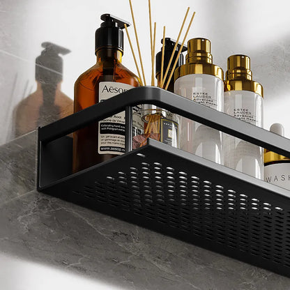 Wall-Mount Aluminum Bathroom Caddy – Black Storage Ledge for Soap, Shampoo & Toiletries – Space-Saving Organizer for Shower & Kitchen