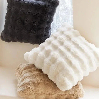 Plush Faux Fur Accent Pillow Cover 20x20 Inches Square Decorative Cushion Case for Sofas Chairs Beds Bedroom Living Room Decor Cream Tan Gra