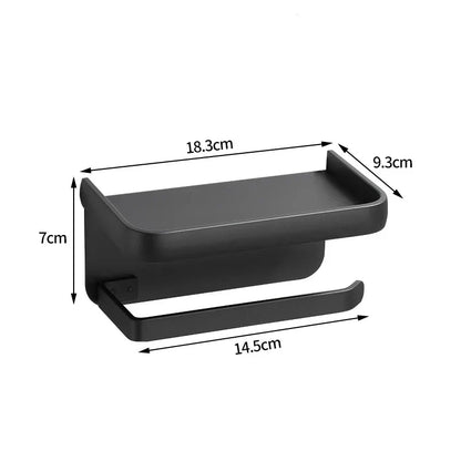 Wall-Mount Bathroom Tissue Holder with Top Shelf for Phone Storage Black Aluminum 7.2 Inch Powder Room Organizer Compact Space-Saving Access