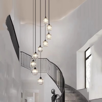 Multi-Tier Hanging Fixture with Crystal Droplets & Brass Frame for Two-Story Foyer, Dining Room, Stairwell – Adjustable Height Spiral Arrang