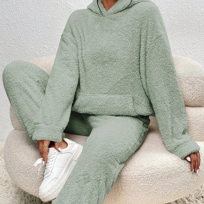 Hooded Teddy Fleece Loungewear Set for Women – Two-Piece Oversized Sweatsuit with Pocket – Cozy Winter Homewear Outfit