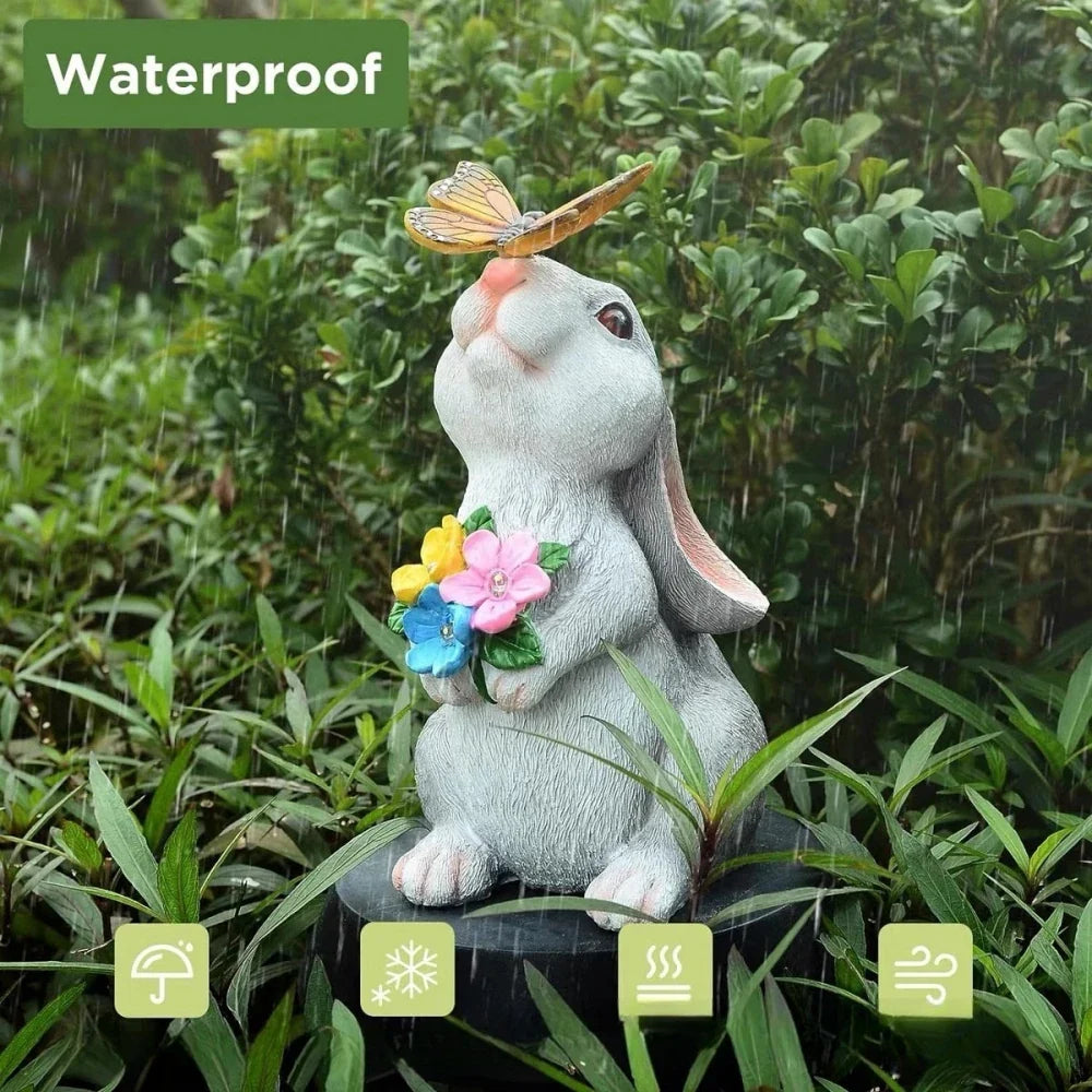 Solar Bunny Statue with LED Lights 9 Inch Tall White Gray Resin Weather-Resistant Outdoor Yard Decor Illuminated Butterfly Accent for Patio
