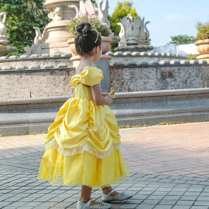Girls Princess Gown Costume with Tiara and Gloves – Complete Belle-Inspired Dress-Up Set for Birthday Parties, Halloween, Cosplay & Special