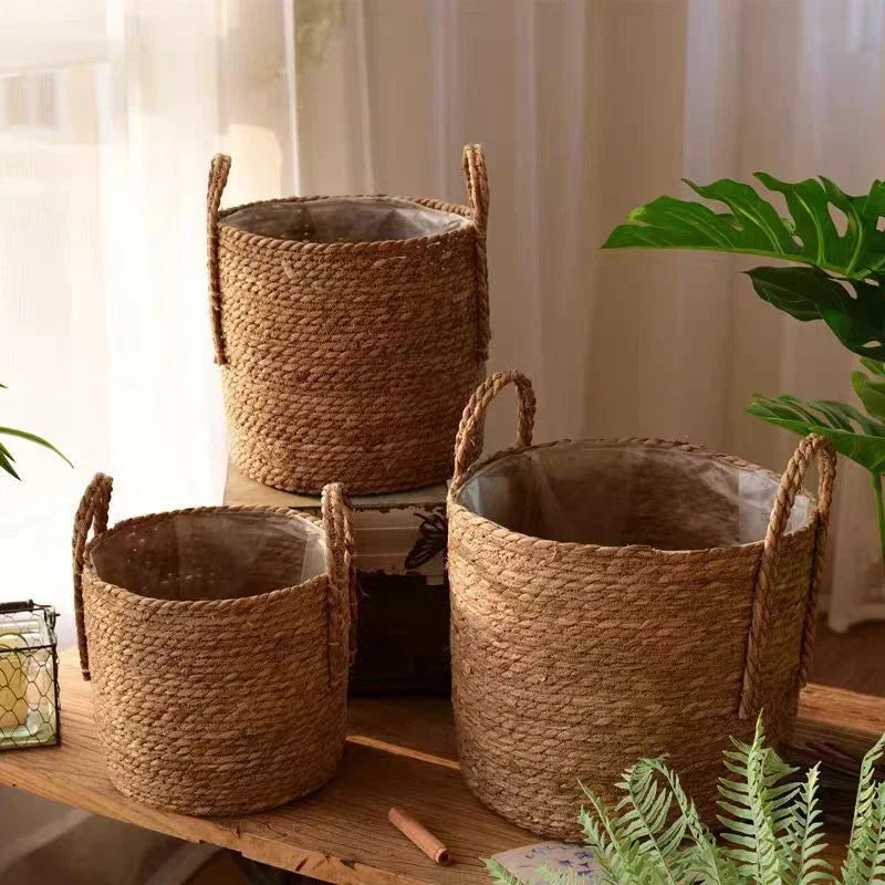 Handwoven Seagrass Basket with Handles for Indoor Plants Outdoor Pots Storage Organizer Natural Fiber Boho Decor Rustic Farmhouse