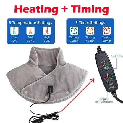 Heated Neck and Shoulder Wrap with Vibration – USB Rechargeable Heat Therapy Cushion – 3 Temperature Settings, Auto Timer, Soft Plush