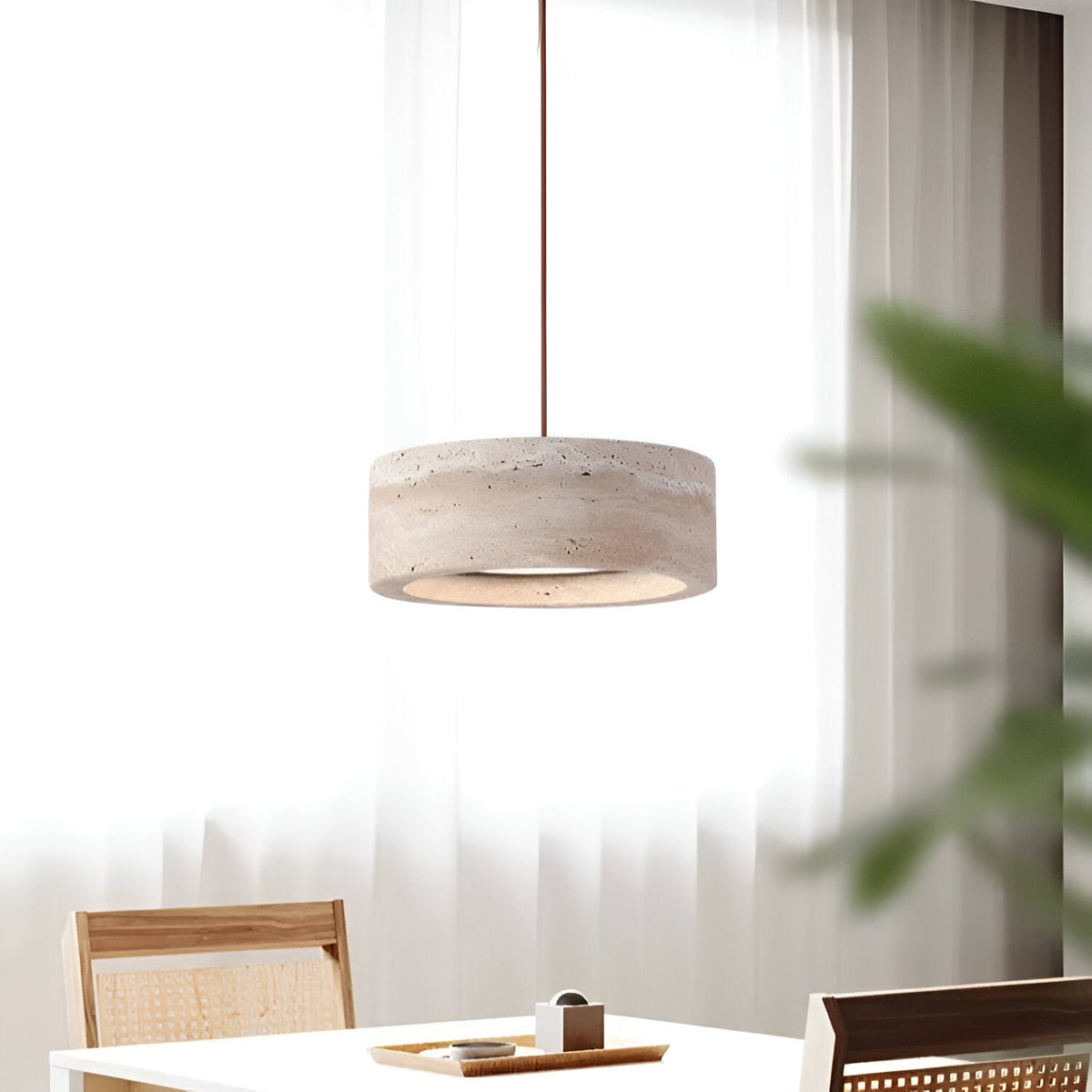 Stone Hanging Lamp 8-Inch Round Natural Travertine Shade Adjustable Drop Cord Ceiling Fixture for Kitchen Island Dining Table Room Modern Or