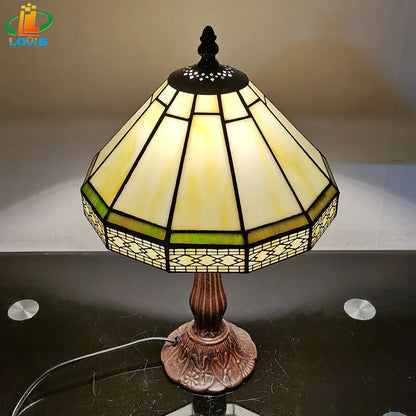 Handcrafted Art Glass Nightstand Lamp with Bronze Base – 8.7 in Shade, E27 Socket for Bedroom, Office & Living Room Accent