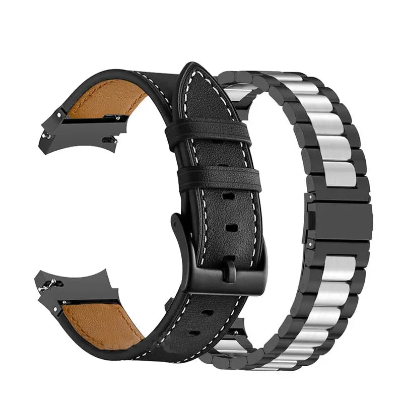 Leather & Steel Smartwatch Strap for Galaxy Watch 5 – Adjustable Wristband in Multiple Finishes