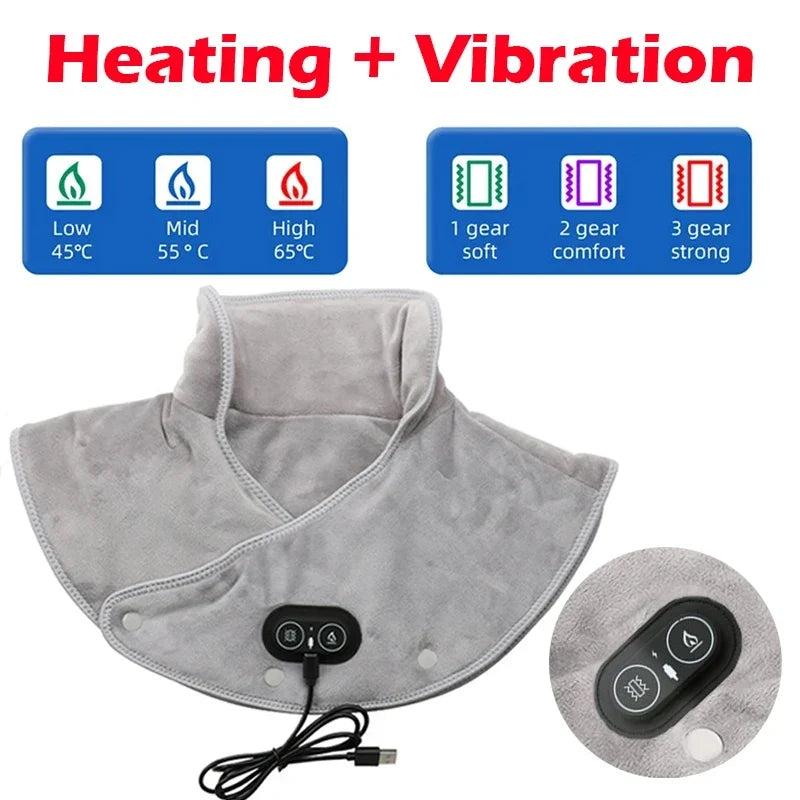 Heated Neck and Shoulder Wrap with Vibration – USB Rechargeable Heat Therapy Cushion – 3 Temperature Settings, Auto Timer, Soft Plush