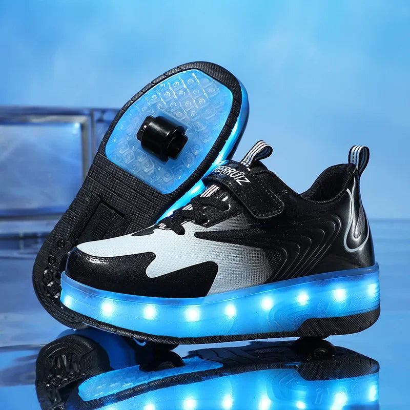 Kids Light-Up Skate Sneakers with Wheels Pink LED Roller Shoes Velcro Strap Boys Girls Youth Rechargeable Glowing Athletic Footwear