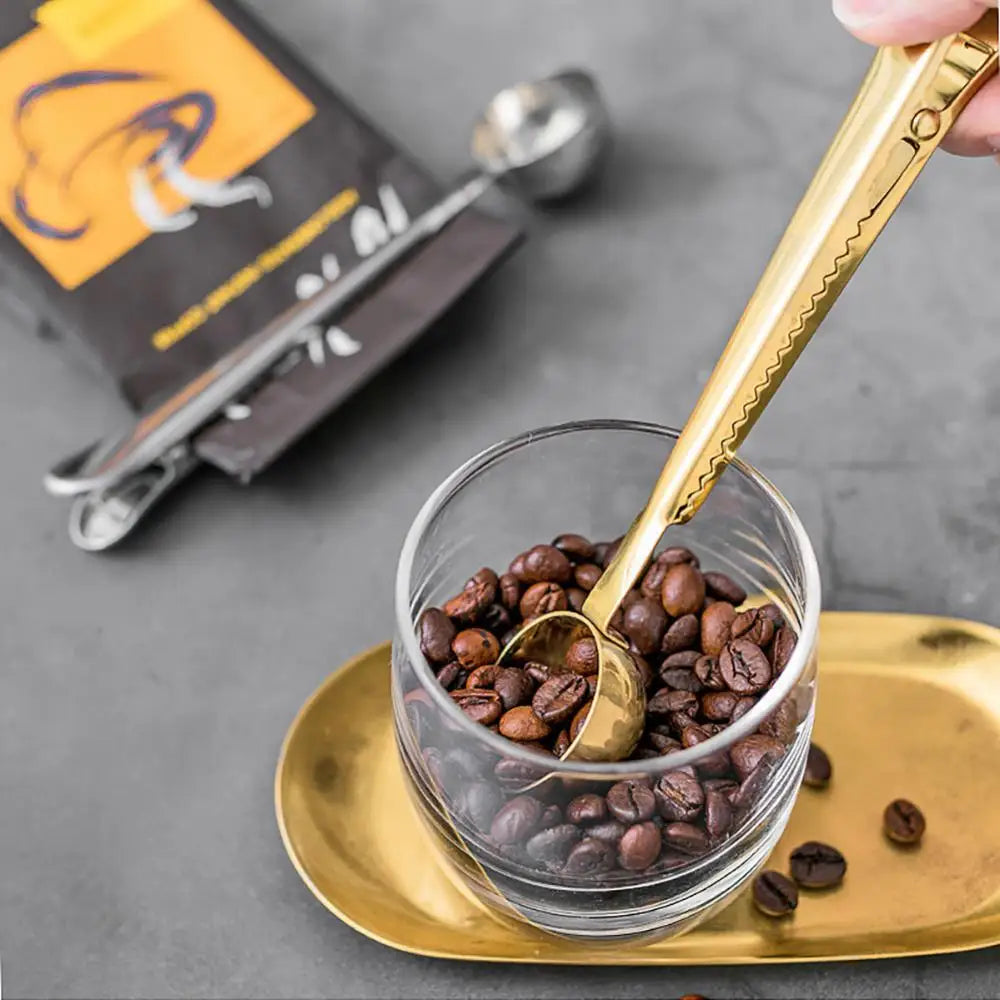 Stainless Steel Measuring Scoop with Bag Sealing Clip for Coffee Beans Tea Leaves Kitchen Storage Organization Silver Gold Black Rose Gold
