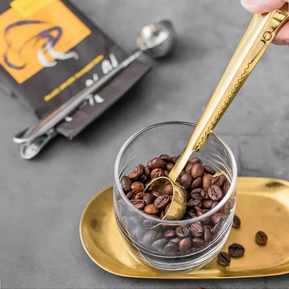 Stainless Steel Measuring Scoop with Bag Sealing Clip for Coffee Beans Tea Leaves Kitchen Storage Organization Silver Gold Black Rose Gold
