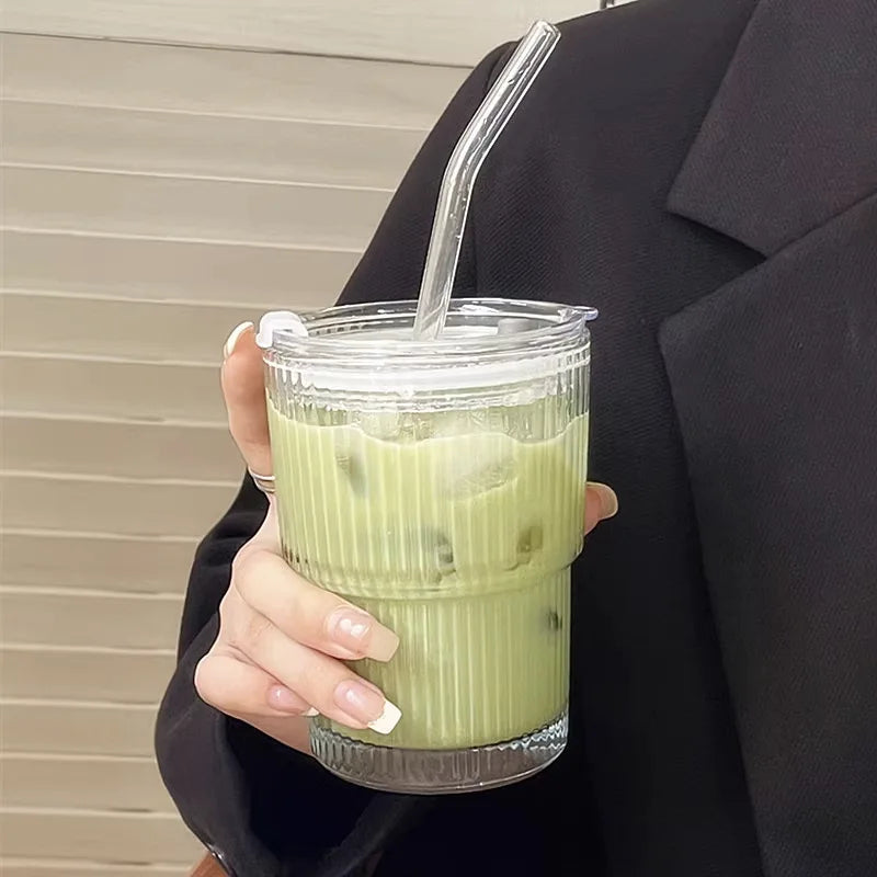 Insulated Glass Tumbler with Straw & Lid - Heat-Resistant Borosilicate Cup for Hot & Cold Drinks - Portable Coffee Mug for Commute, Office,