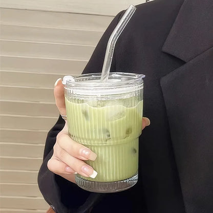 Insulated Glass Tumbler with Straw & Lid - Heat-Resistant Borosilicate Cup for Hot & Cold Drinks - Portable Coffee Mug for Commute, Office,