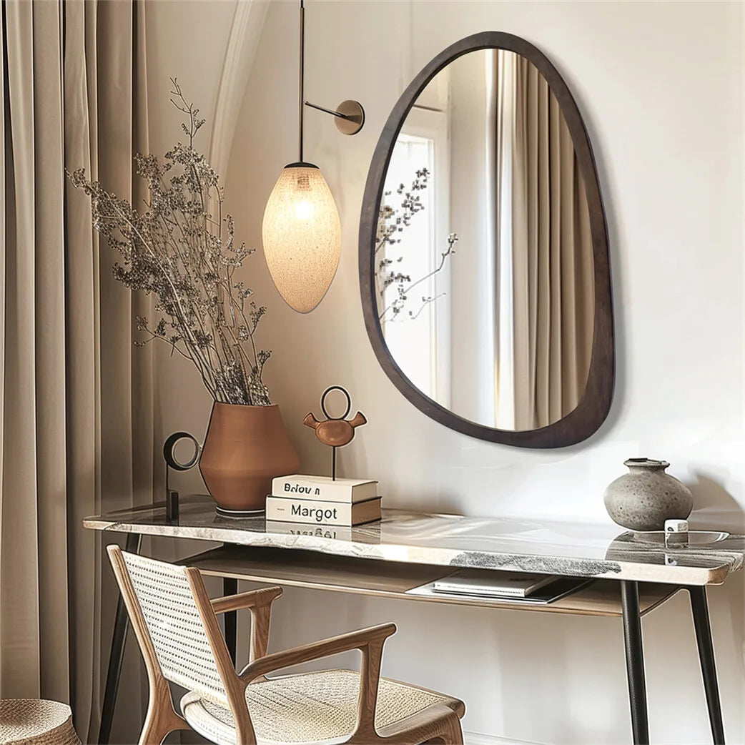 Asymmetric Wooden Frame Mirror 20x28 in Walnut Finish Rubberwood Contemporary Decor for Entryway Living Room Bedroom Hallway