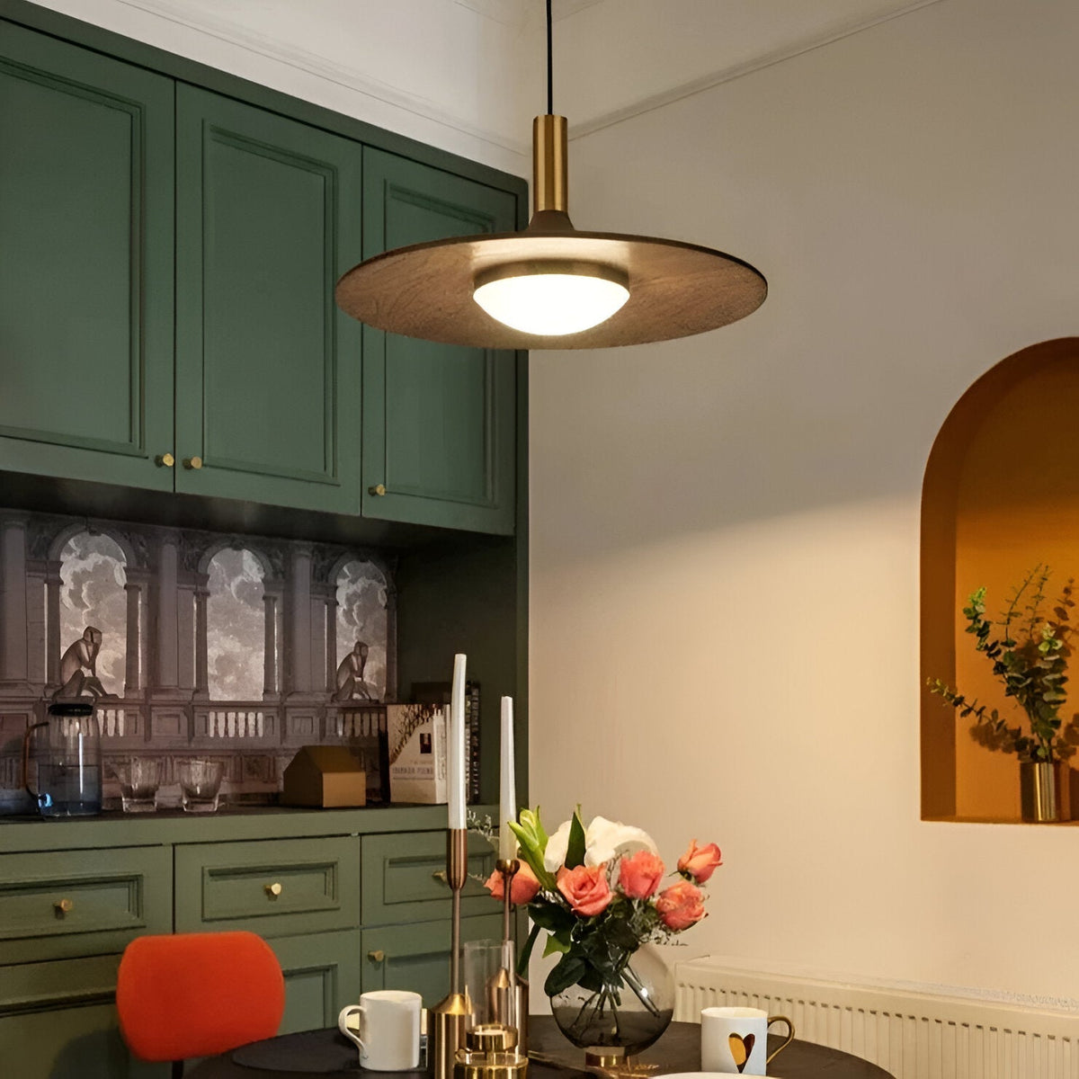 Sculptural Metal Shade Ceiling Fixture with Organic Wood-Tone Accent – 10 in or 14 in Drop Light for Island Counter Bar and Breakfast Nook –