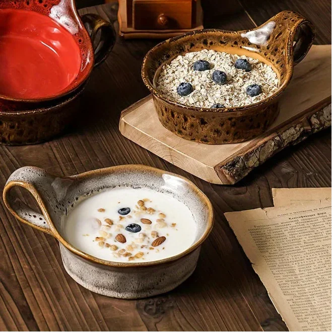 Handled Ceramic Bowl 6 in for Soup Cereal Oatmeal Salad with Grip Kitchen Tableware Stoneware Serving Dish for Breakfast Lunch Dinner