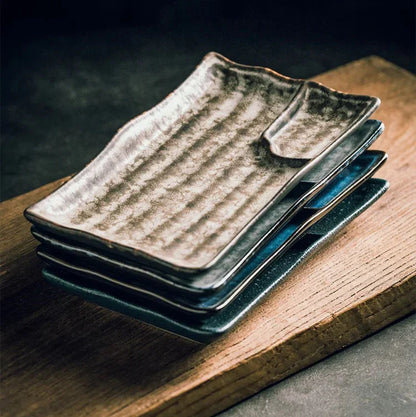 Handcrafted Rectangular Dish with Sauce Well 9×5 Inches White Glazed Dinnerware for Sushi Nigiri Sashimi Japanese Appetizers Tableware