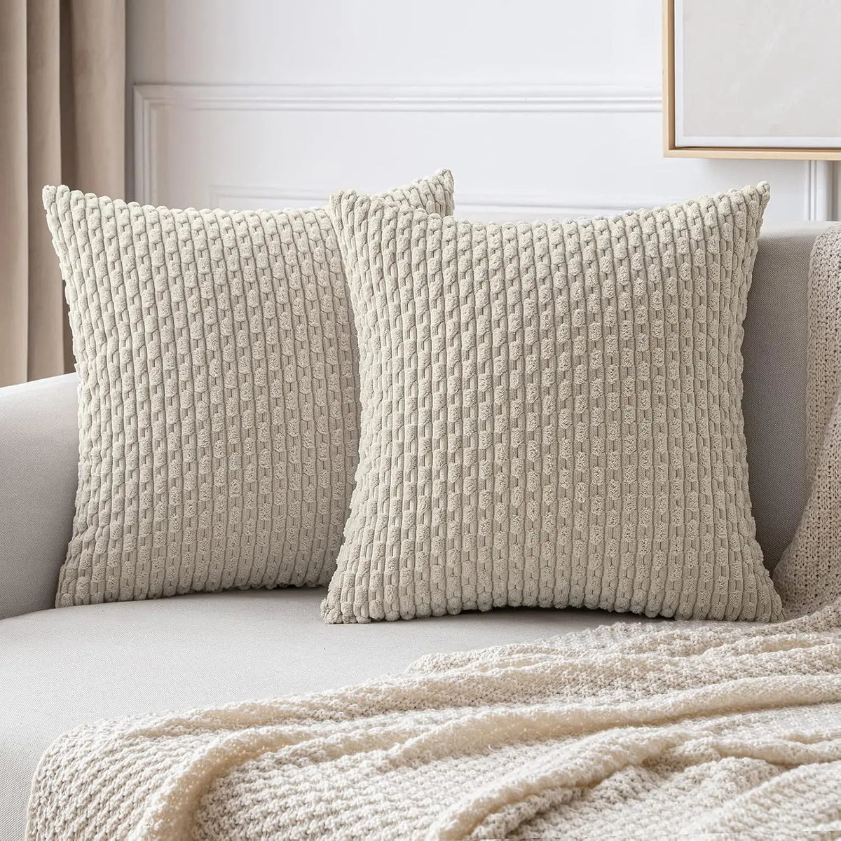 Ribbed Throw Pillow Cover 18×18 Inch Polyester Cotton Blend Textured Decorative Accent for Sofa Couch Armchair Bedroom Modern Scandinavian B