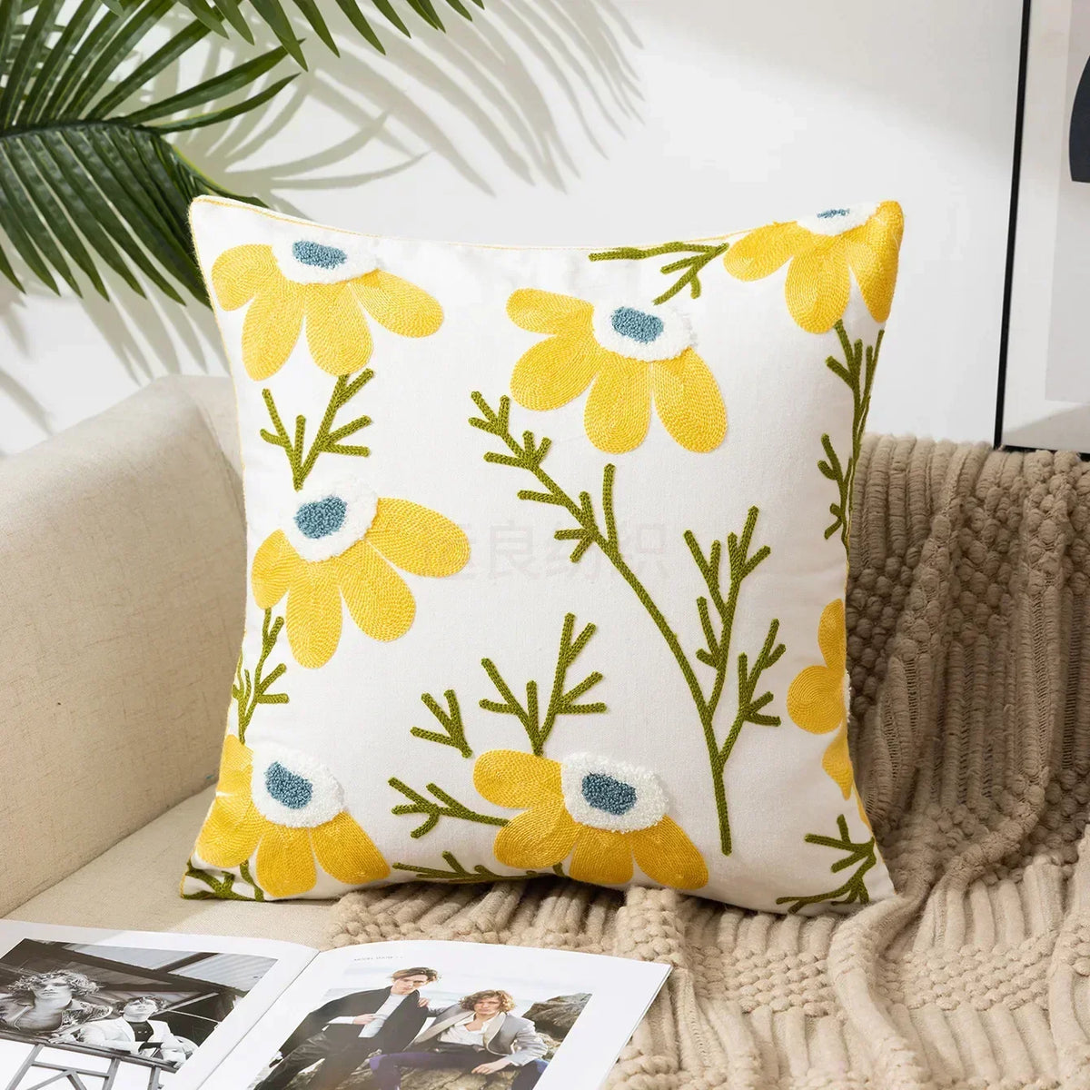 Floral Embroidered Throw Pillow Cover 18x18 Inches Cotton Canvas White Decorative Cushion Case for Couch Bed Chair Farmhouse Modern Living R