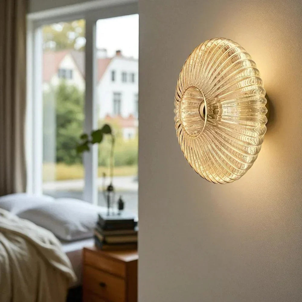 Textured Glass Shell Sconce in Golden Amber Finish for Bedroom Hallway Living Room Accent Lighting
