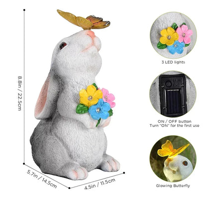 Solar Bunny Statue with LED Lights 9 Inch Tall White Gray Resin Weather-Resistant Outdoor Yard Decor Illuminated Butterfly Accent for Patio