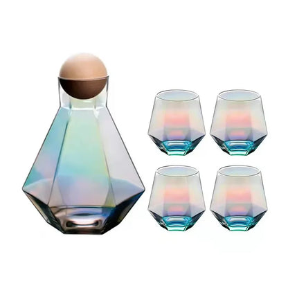 Geometric Glass Pitcher and Tumbler Set for Cocktails, Water & Juice – 5-Piece Beverage Serving Collection with Wooden Stopper